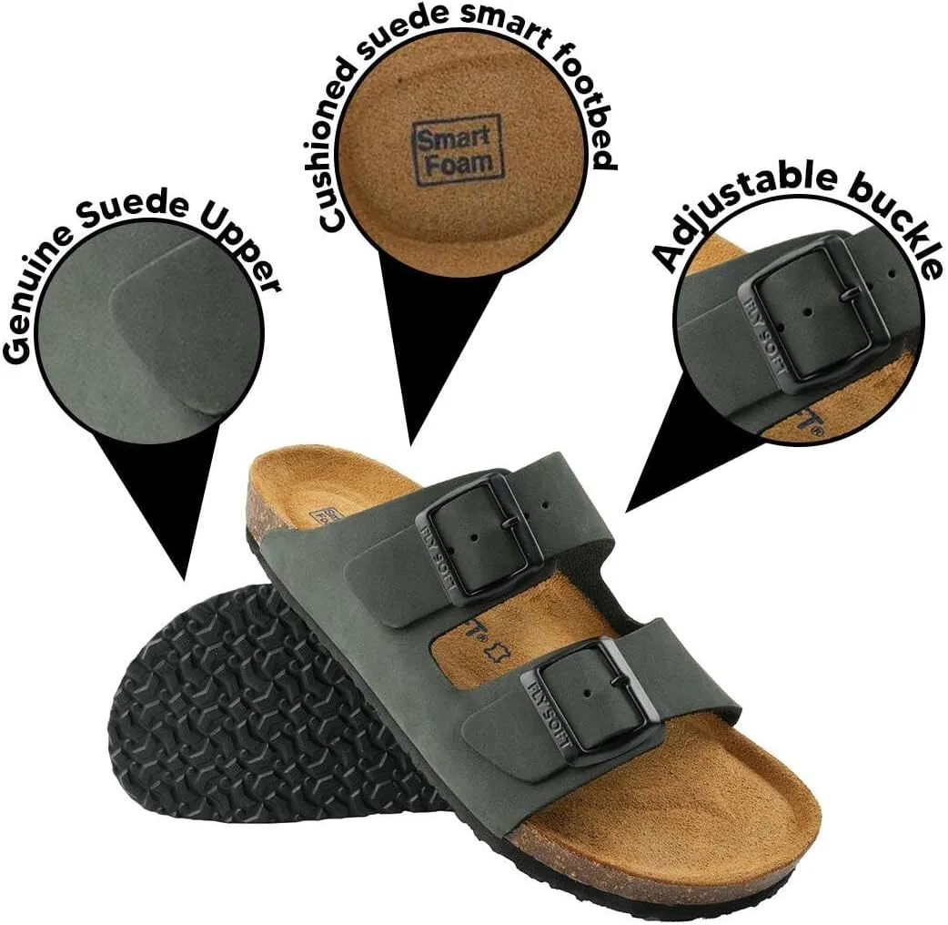 100% Genuine Leather Men's Sandals - Comfortable Cushioned Smart Foam Footbed, Slip-On Slides for Casual Summer Wear, Adjustable Fit, Durable Non-Slip Sole