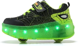 2 Wheels Shoes Kids Simple Roller Skate Shoes with Light Up Rechargeable USB Rechargeable Flashing Sneakers for Christmas Growth Gift Size 6 Big Kid Black Green