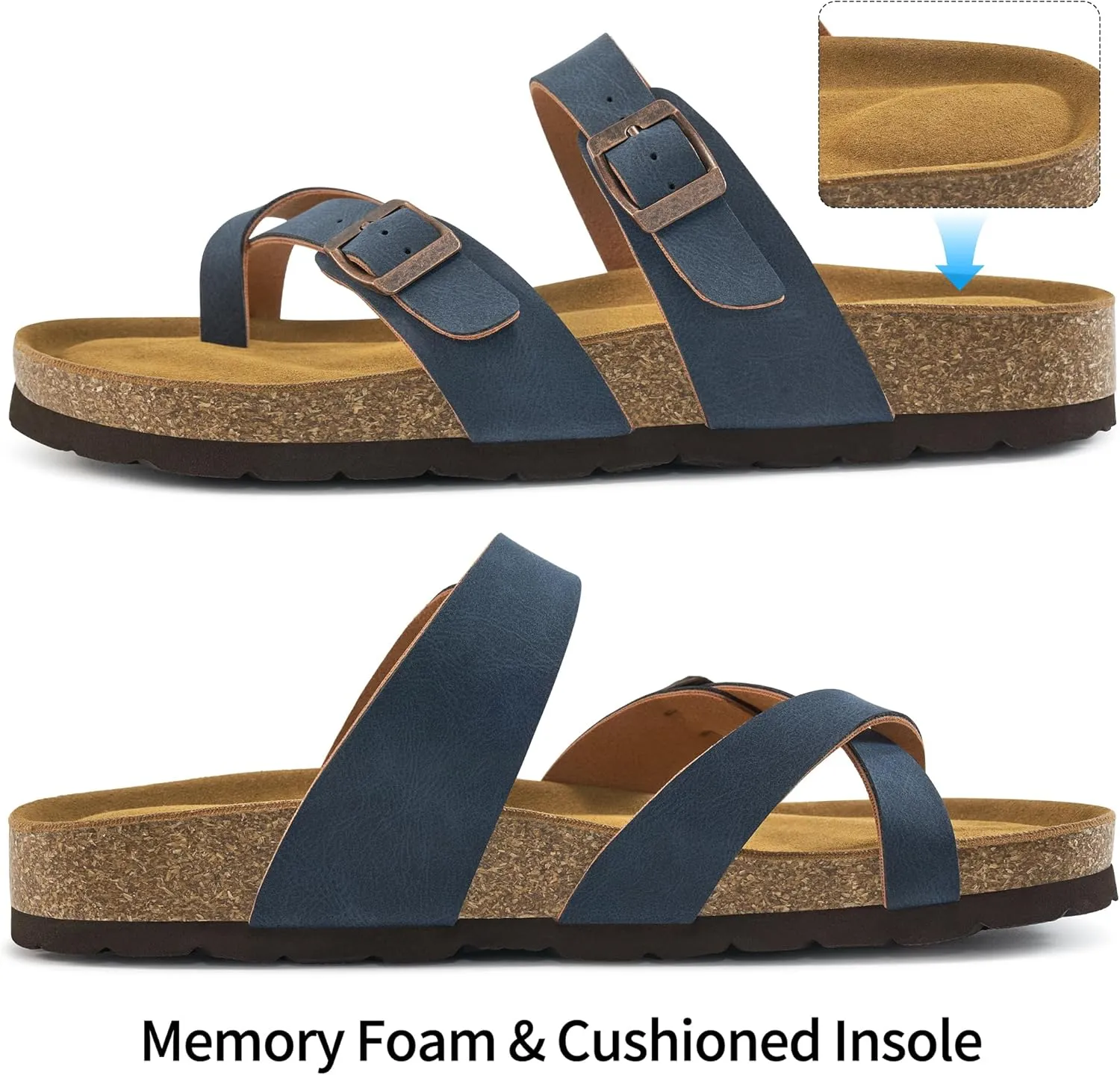 Ablanczoom Comfortable Sandals Womens Slides: Cork Footbed Beach Summer Women Sandal Shoes with Adjustable Buckle