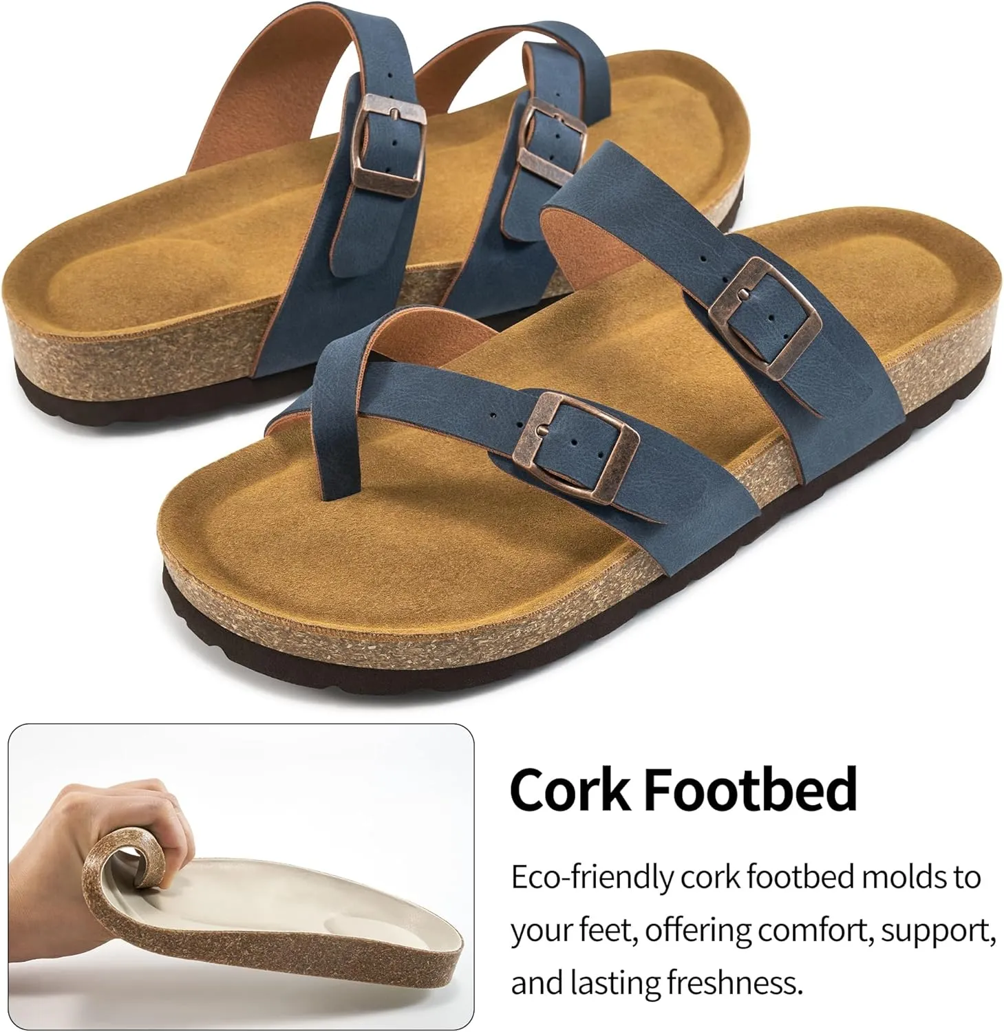Ablanczoom Comfortable Sandals Womens Slides: Cork Footbed Beach Summer Women Sandal Shoes with Adjustable Buckle