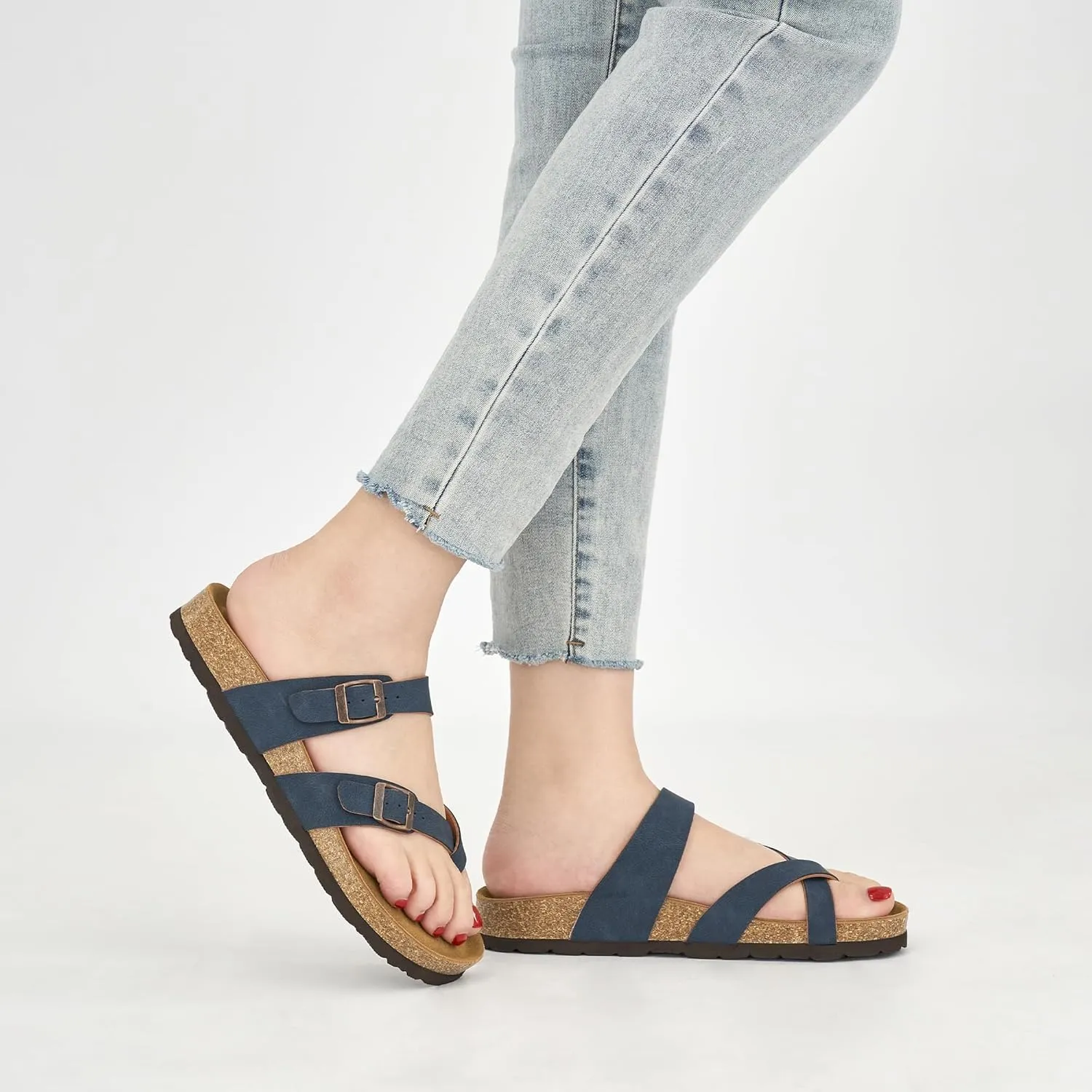 Ablanczoom Comfortable Sandals Womens Slides: Cork Footbed Beach Summer Women Sandal Shoes with Adjustable Buckle