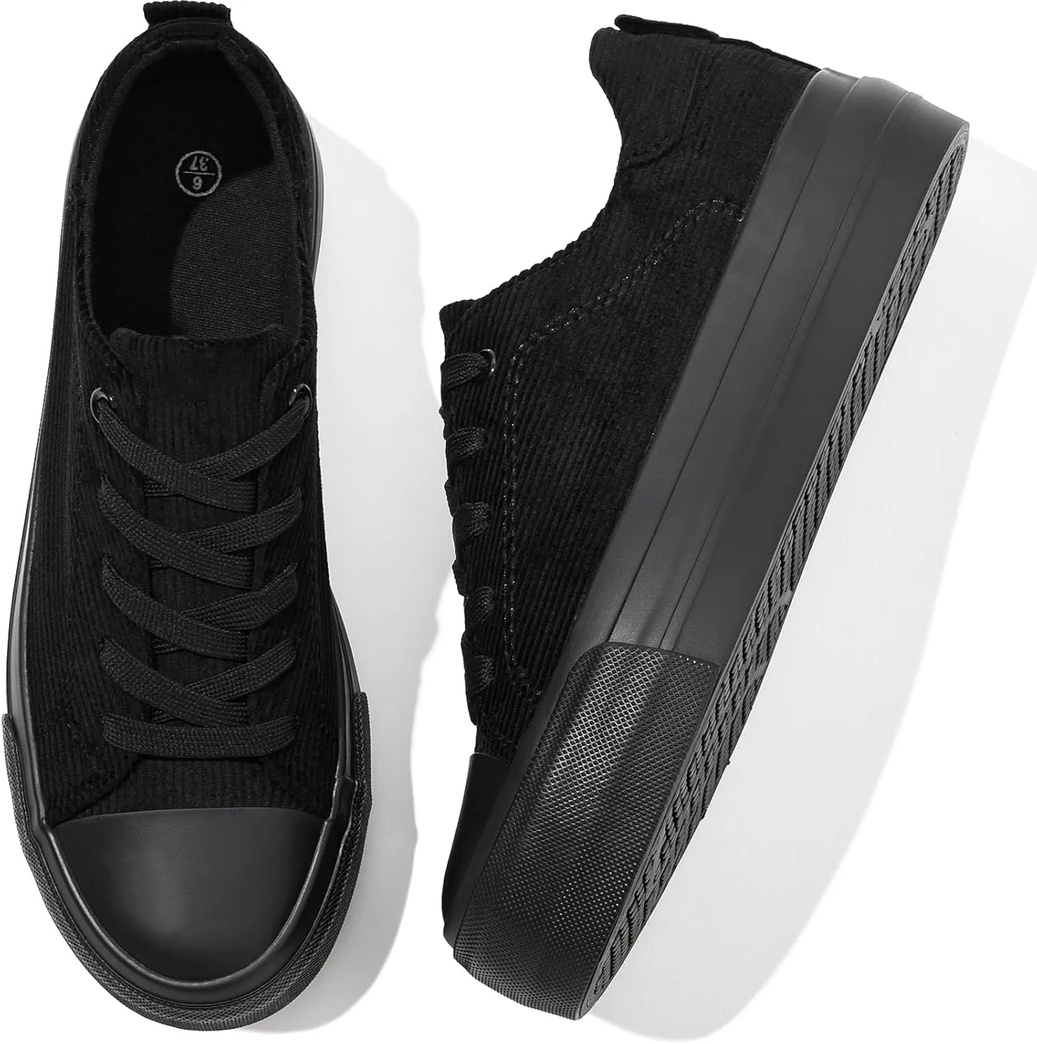 Adokoo Women's Platform Sneakers Corduroy White Sneakers Shoes for Women Black Low Top Lace Up Casual Fashion Walking Shoes