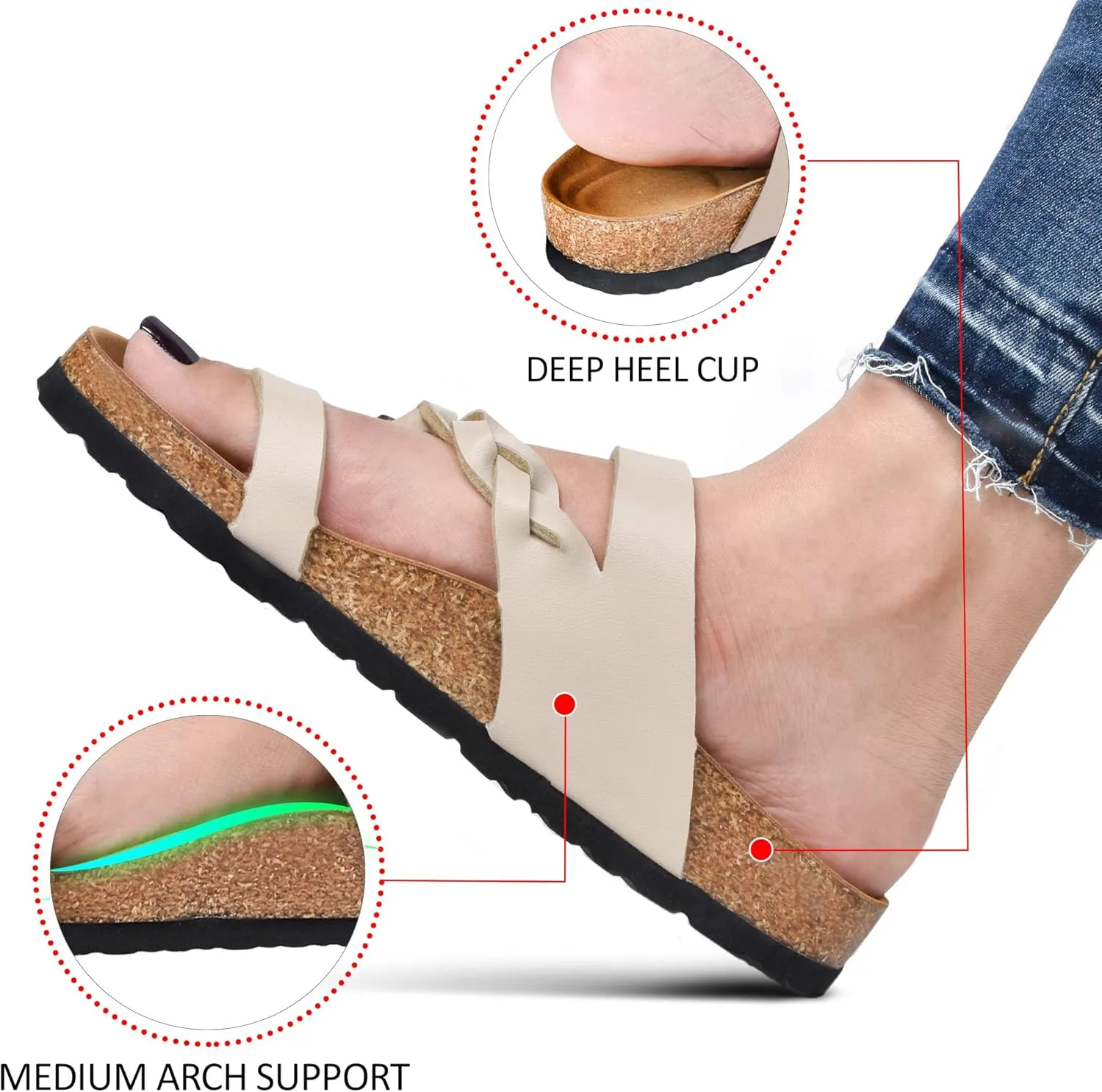 AEROTHOTIC Comfy Memory Foam Cork Sandals for Women Cute Dressy Adjustable Strappy Split Toe Slip On Vacation Essentials Women Footwear Open Toe Arch Support Slides