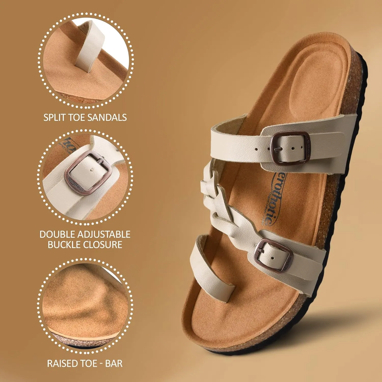 AEROTHOTIC Comfy Memory Foam Cork Sandals for Women Cute Dressy Adjustable Strappy Split Toe Slip On Vacation Essentials Women Footwear Open Toe Arch Support Slides