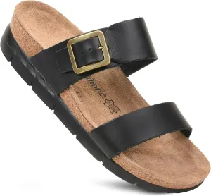 AEROTHOTIC Genuine Leather Slides for Women with Arch Support Comfortable Adjustable Buckle Double Straps with Memory Foam Footbed Slip On Cork Sandals