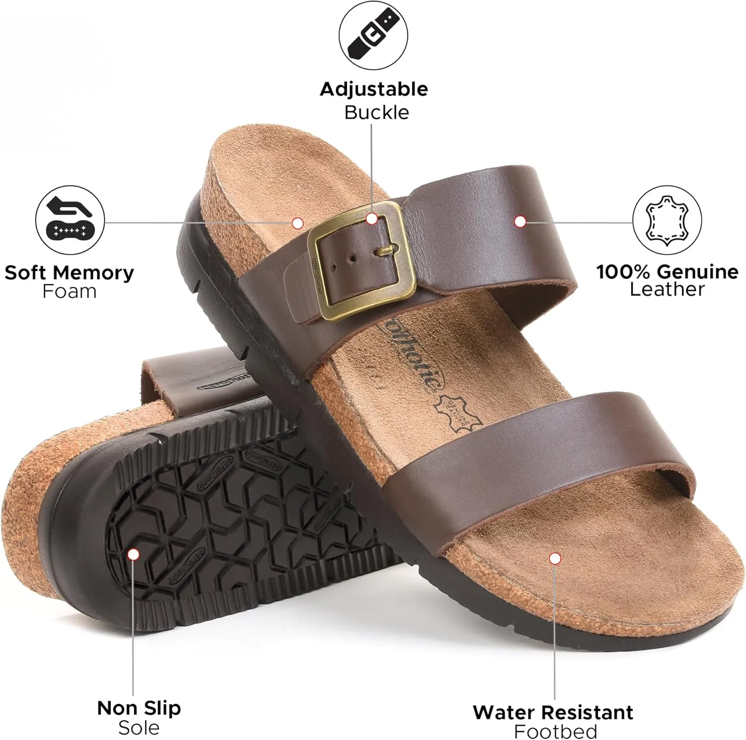 AEROTHOTIC Genuine Leather Slides for Women with Arch Support Comfortable Adjustable Buckle Double Straps with Memory Foam Footbed Slip On Cork Sandals