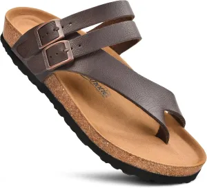 AEROTHOTIC Womens Strappy Slip-On Modern Memory Foam Cushion Footbed Outdoor Adjustable Buckle Cork Footbed Slides for Sandals with Comfortable Arch Support