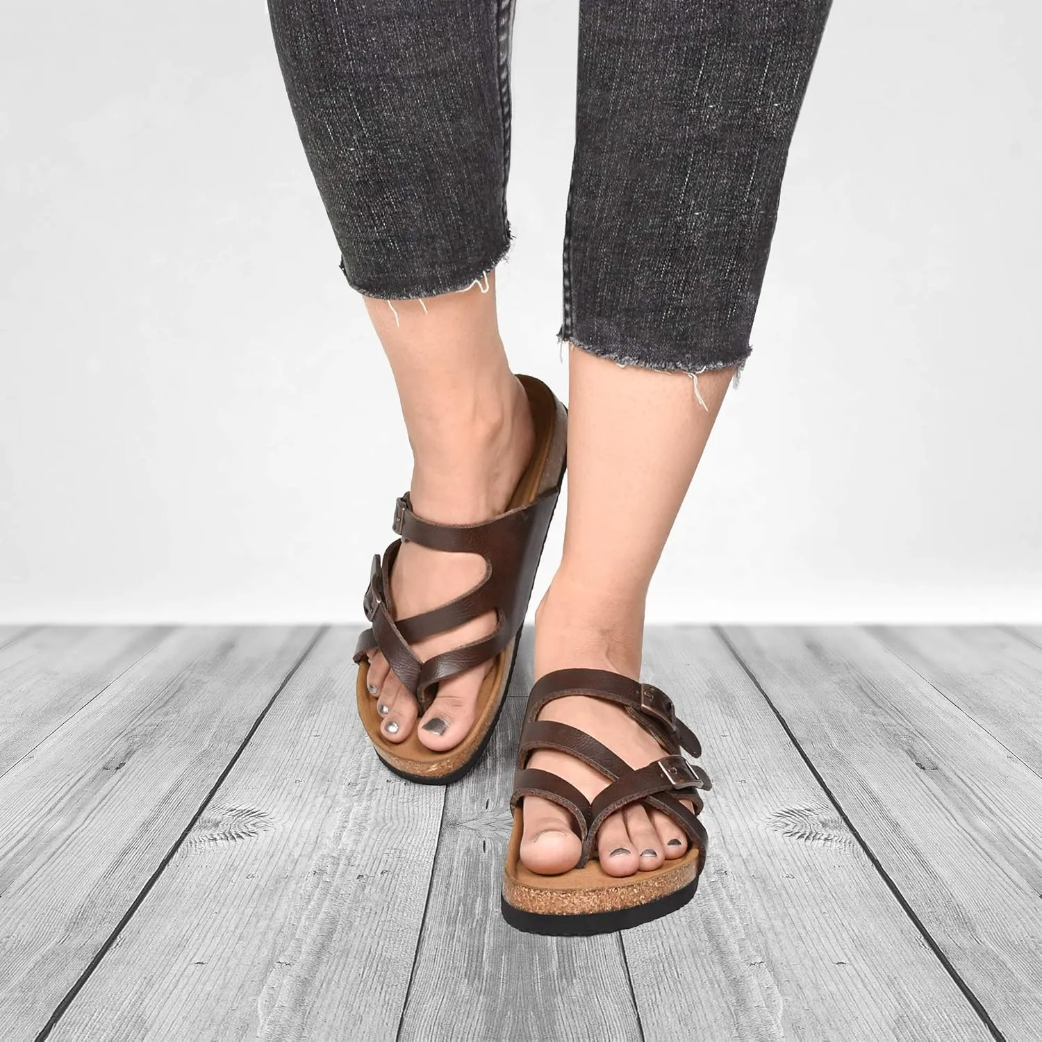 AEROTHOTIC Womens Strappy Slip-On Modern Memory Foam Cushion Footbed Outdoor Adjustable Buckle Cork Footbed Slides for Sandals with Comfortable Arch Support