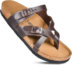 AEROTHOTIC Womens Strappy Slip-On Modern Memory Foam Cushion Footbed Outdoor Adjustable Buckle Cork Footbed Slides for Sandals with Comfortable Arch Support
