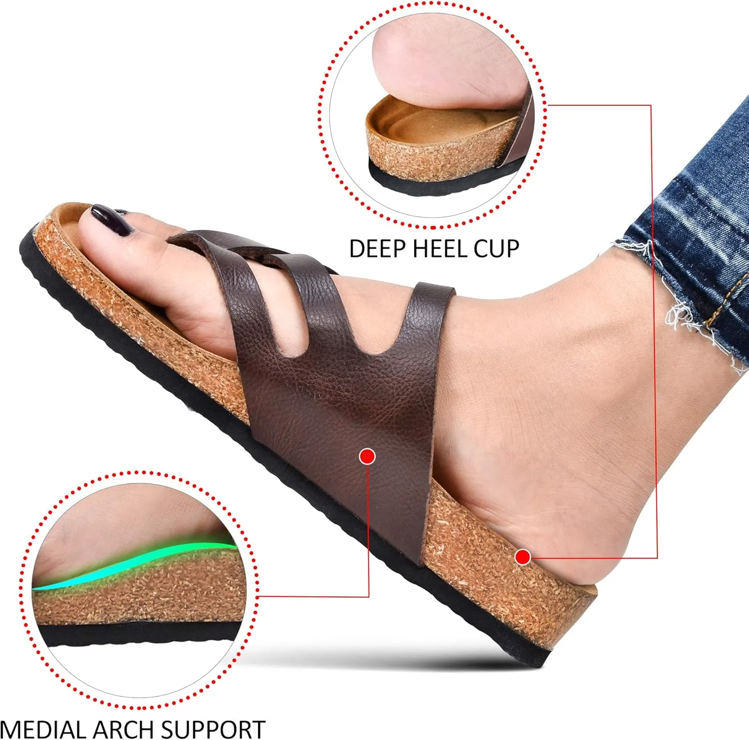 AEROTHOTIC Womens Strappy Slip-On Modern Memory Foam Cushion Footbed Outdoor Adjustable Buckle Cork Footbed Slides for Sandals with Comfortable Arch Support