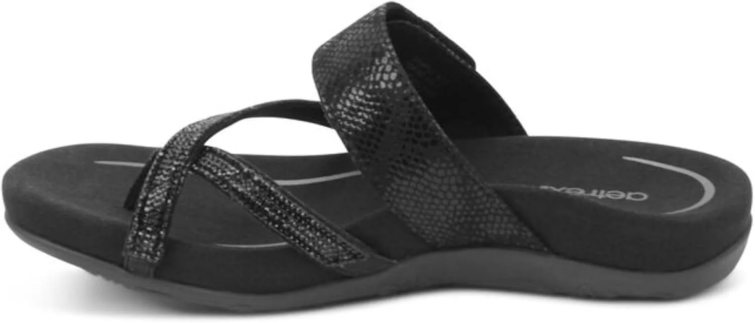 Aetrex Izzy Memory Foam Footbed Faux Leather Adjustable Orthopedic Slide Sandals for Women - Pressure Relief Pain Arch Support Sandals Women's