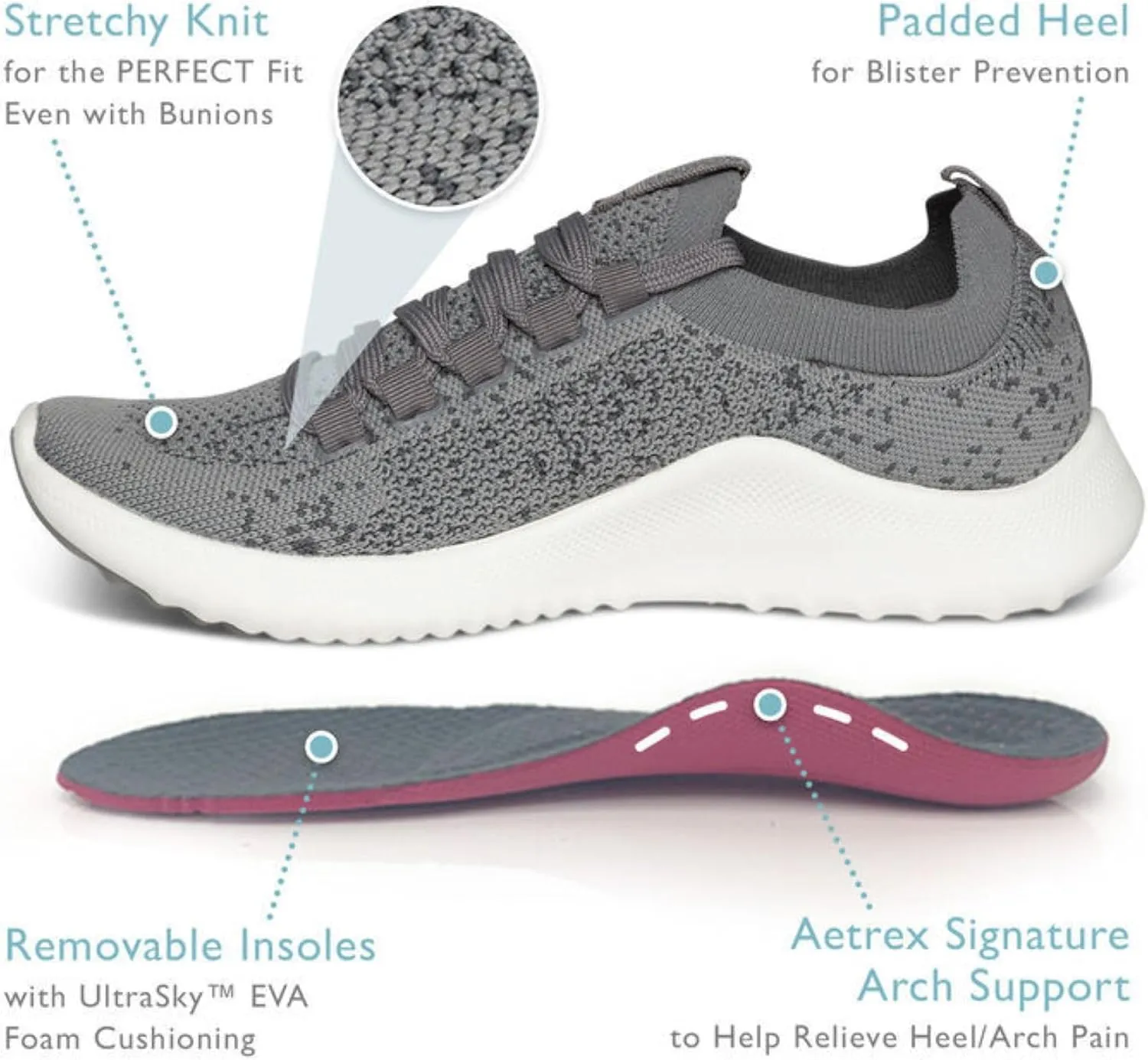 Aetrex Women's Carly Orthopedic Arch Support Knit Sneakers for Women- Plantar Fasciitis Relief Women Sneakers W/ Lace Up