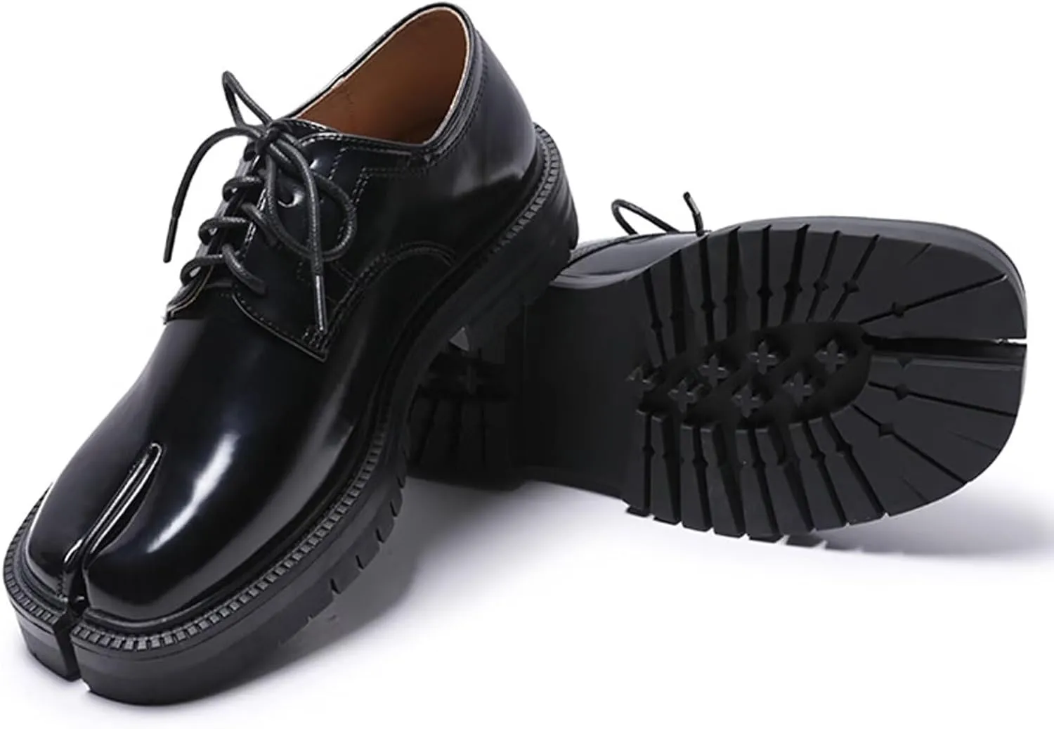 Agodor Women Split Toe Tabi Shoes Mary Janes Platform Patent Chunky Heeled Loafers Lace Up Uniform Dress Shoes