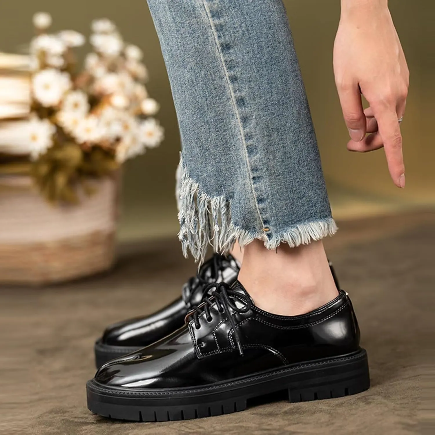 Agodor Women Split Toe Tabi Shoes Mary Janes Platform Patent Chunky Heeled Loafers Lace Up Uniform Dress Shoes