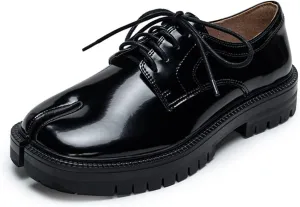 Agodor Women Split Toe Tabi Shoes Mary Janes Platform Patent Chunky Heeled Loafers Lace Up Uniform Dress Shoes