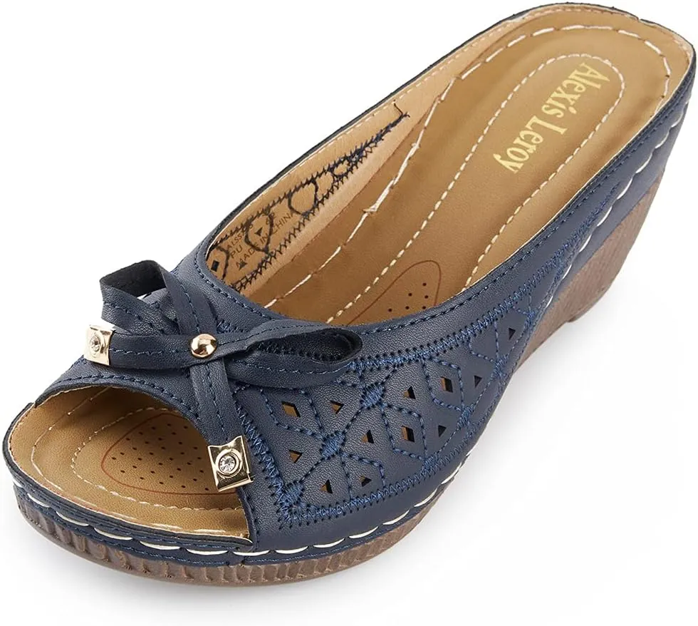 Alexis Leroy Women's Comfort Open Toe Slip on Wedge Sandals