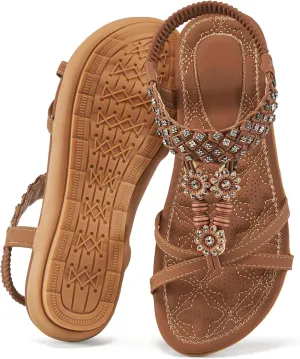 Alicegana Sandals for Women 2025 Dressy - Comfort Bohemian Summer Flats Ankle Elastic Strap Casual Walking Beach Shoes