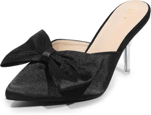 Allegra K Women's Bow Heels Satin Pointed Toe Stiletto Heels Mules
