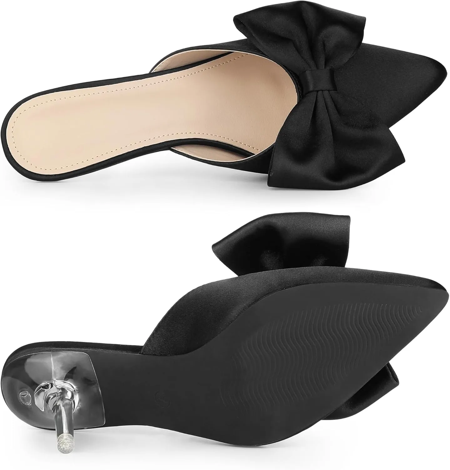 Allegra K Women's Bow Heels Satin Pointed Toe Stiletto Heels Mules