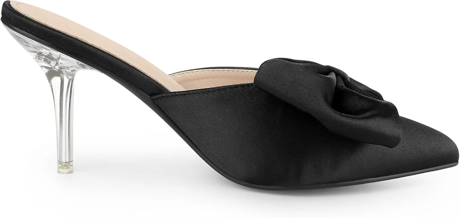 Allegra K Women's Bow Heels Satin Pointed Toe Stiletto Heels Mules