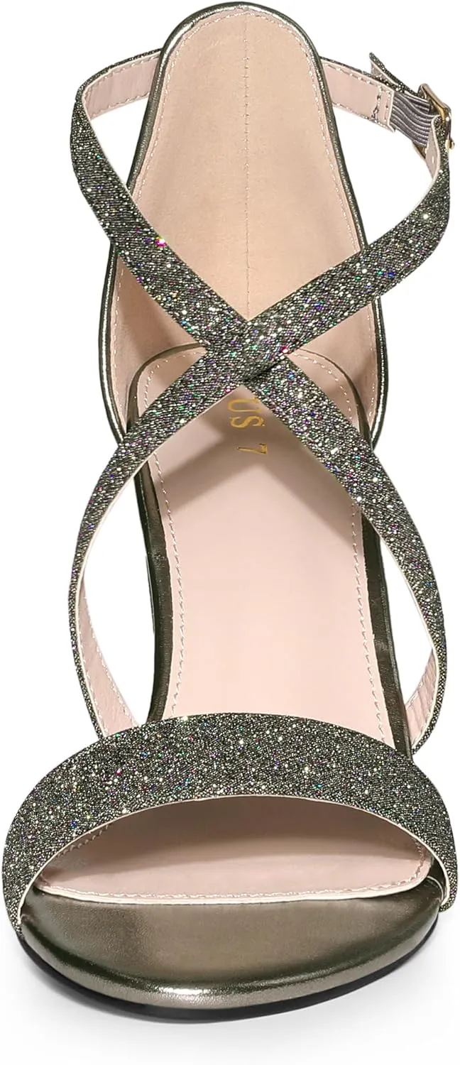 Allegra K Women's Glitter Crisscross Strap Block Heels Sandals