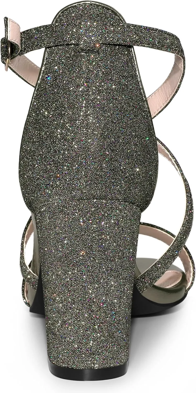 Allegra K Women's Glitter Crisscross Strap Block Heels Sandals