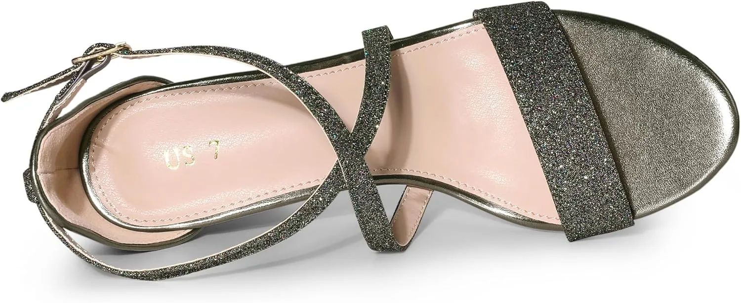 Allegra K Women's Glitter Crisscross Strap Block Heels Sandals