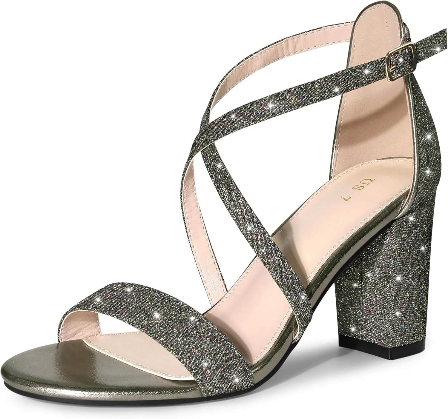 Allegra K Women's Glitter Crisscross Strap Block Heels Sandals
