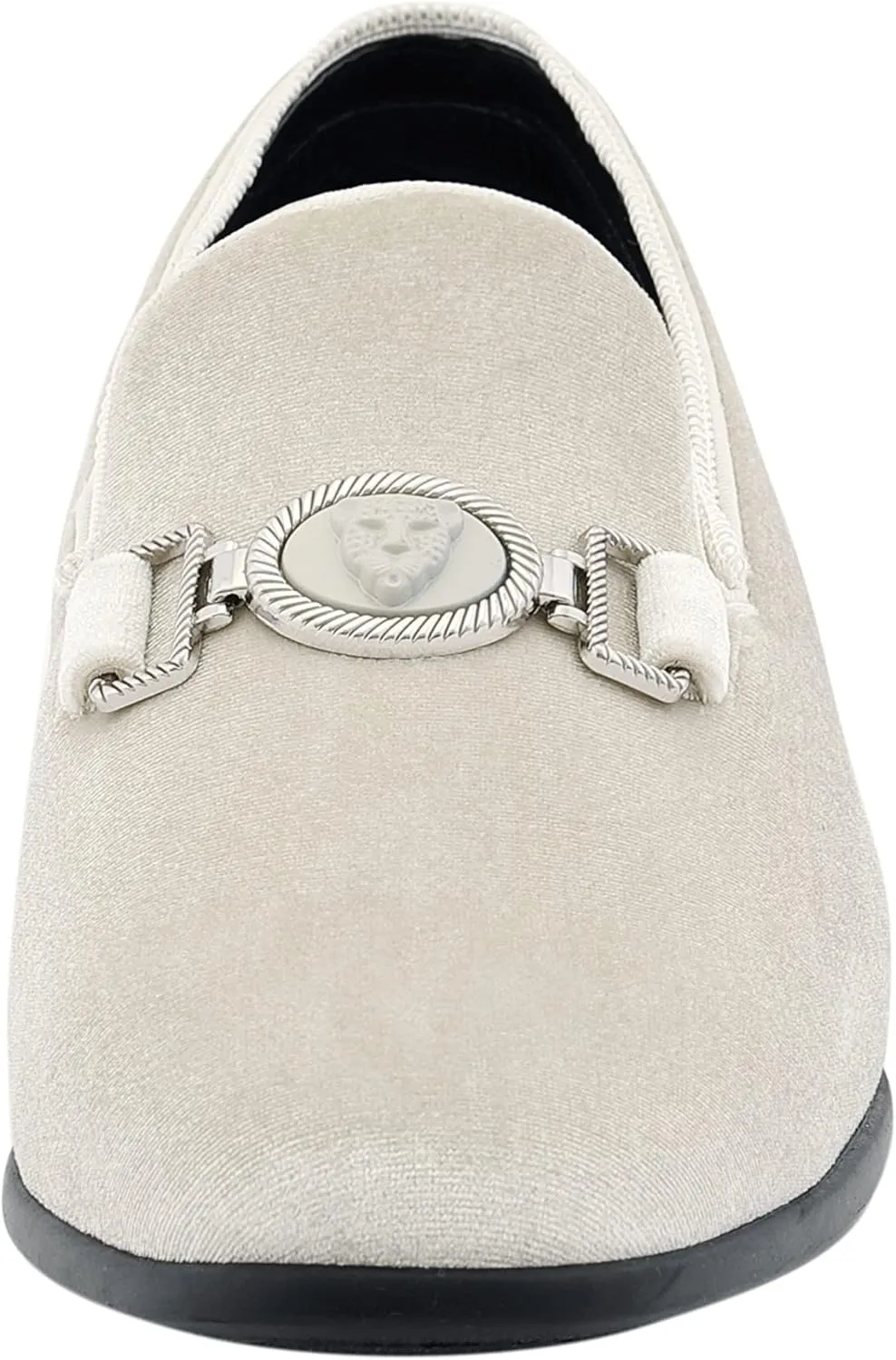 Amali Velvet Slip-On Dress Loafers for Men with Lion Head Piece, Men's Formal Smoking Tuxedo Slippers, Loafer Shoes with Metal Chain Detail