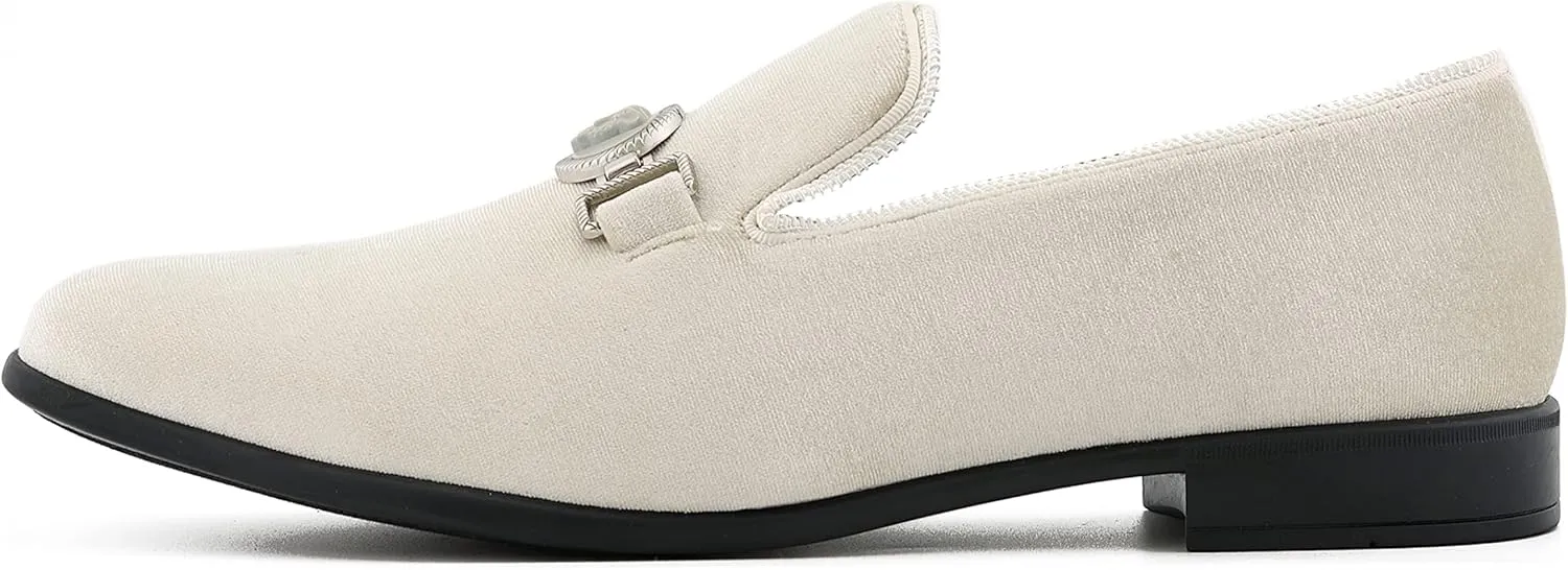 Amali Velvet Slip-On Dress Loafers for Men with Lion Head Piece, Men's Formal Smoking Tuxedo Slippers, Loafer Shoes with Metal Chain Detail