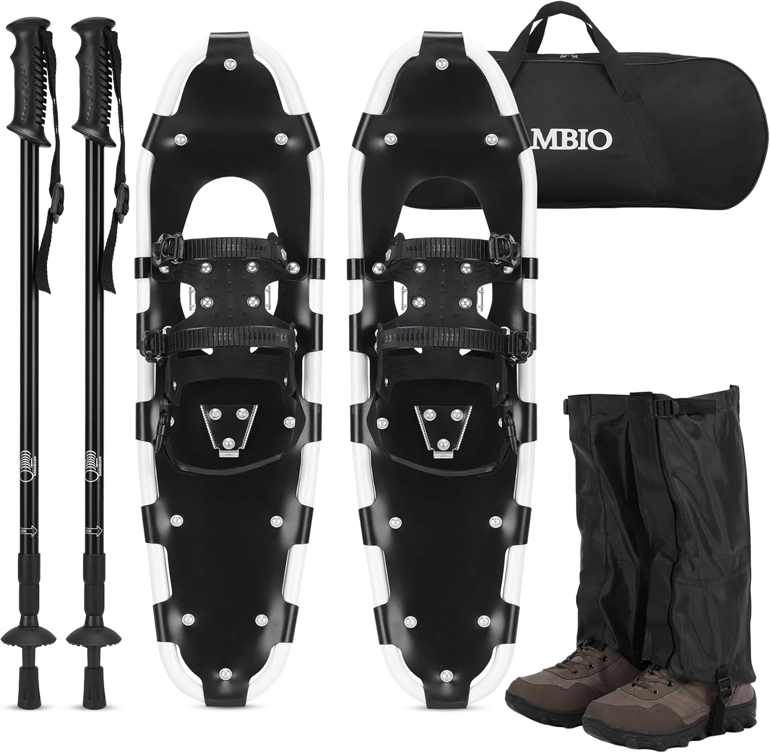 AMBIO 4 in 1 Snowshoes for Kids, Light Weight Aluminum Snow Shoes with Trekking Poles, Leg Gaiters and Carrying Tote Bag (Black, 14 Inch)