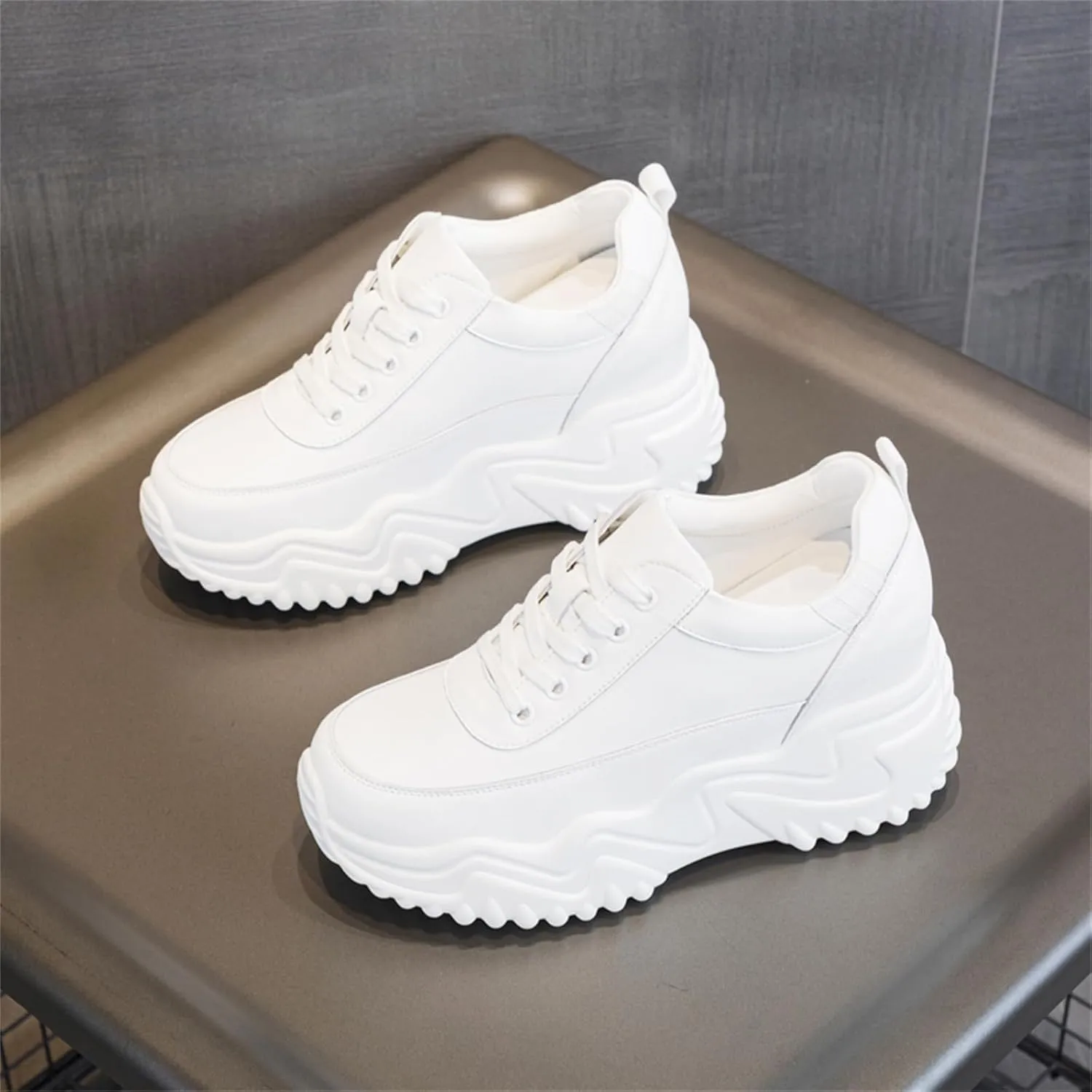 AONEGOLD Platform Sneakers High Heel Wedge Sneakers for Women Fashion Leather Chunky Sneakers Casual Walking Shoes Lace up Sneakers Increasing 3.15 inch