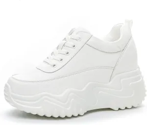AONEGOLD Platform Sneakers High Heel Wedge Sneakers for Women Fashion Leather Chunky Sneakers Casual Walking Shoes Lace up Sneakers Increasing 3.15 inch