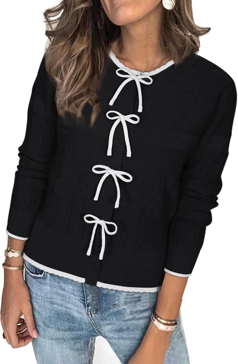 Arach&Cloz Bow Sweaters Easy Button Cardigan 2025 Spring Womens Tops Color Block Long Sleeve Casual Crew Neck Shirts