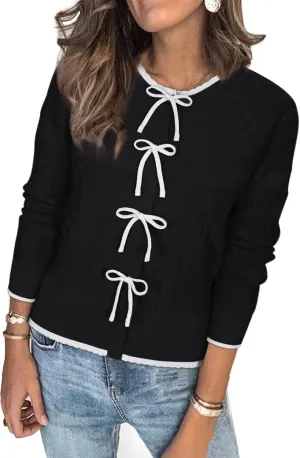 Arach&Cloz Bow Sweaters Easy Button Cardigan 2025 Spring Womens Tops Color Block Long Sleeve Casual Crew Neck Shirts