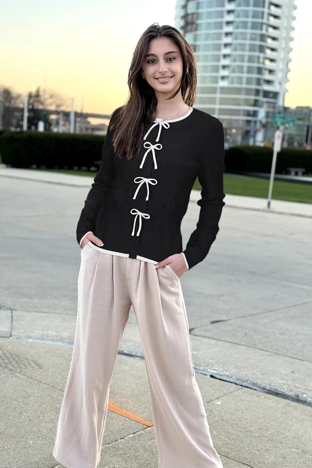 Arach&Cloz Bow Sweaters Easy Button Cardigan 2025 Spring Womens Tops Color Block Long Sleeve Casual Crew Neck Shirts