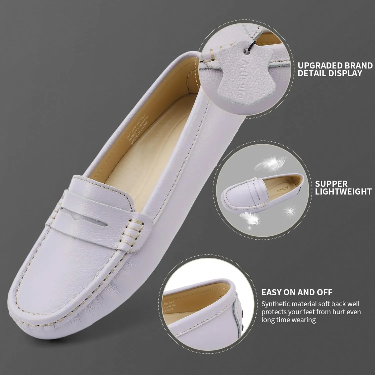Artisure Women's Classic Comfort Leather Penny Loafers Casual Slip-Ons Lightweight Walking Flats Driving Mocs Boat Shoes
