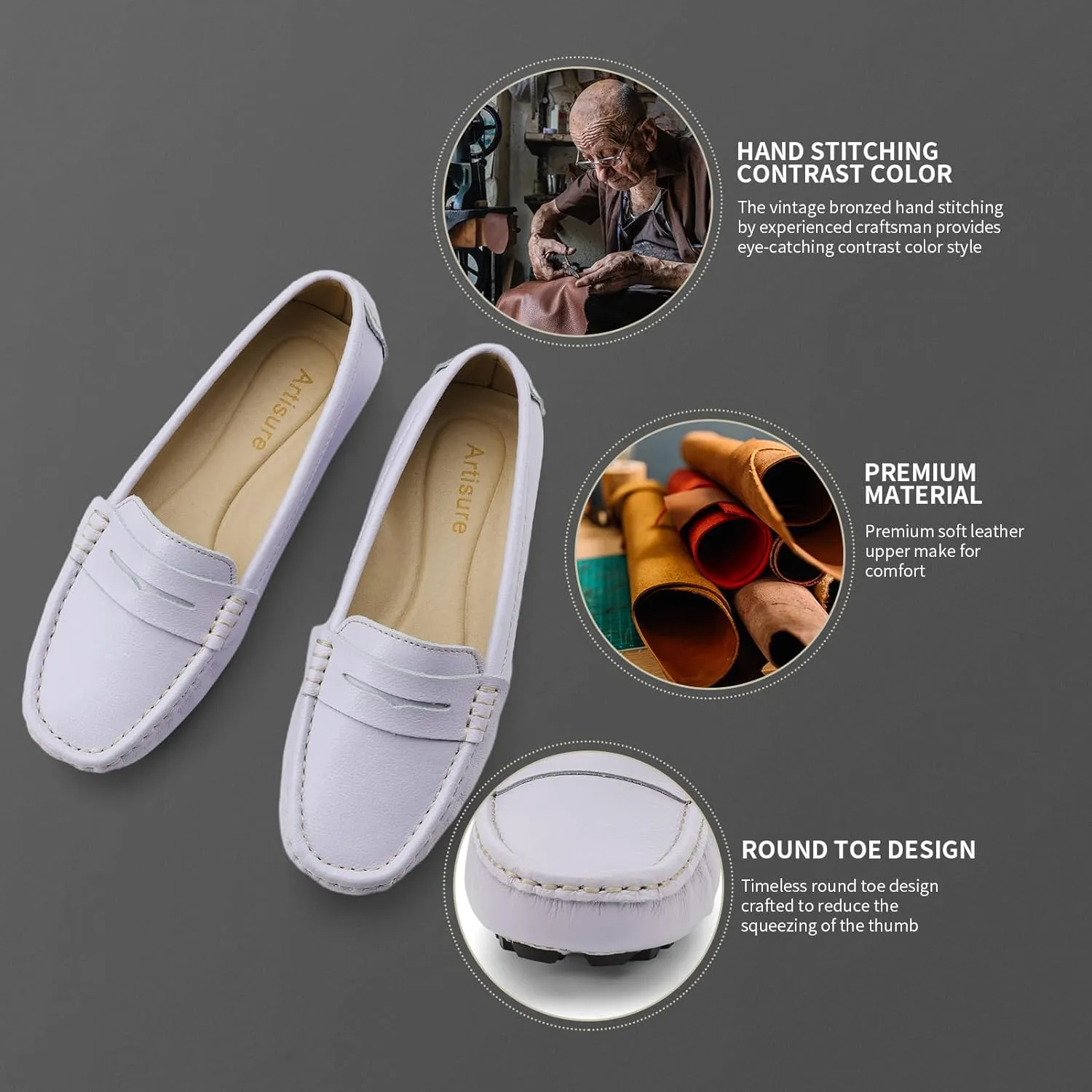 Artisure Women's Classic Comfort Leather Penny Loafers Casual Slip-Ons Lightweight Walking Flats Driving Mocs Boat Shoes