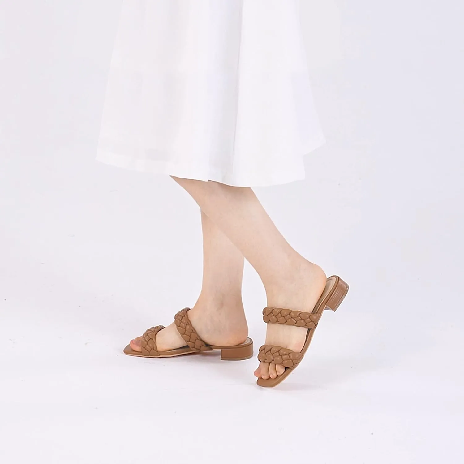 Athlefit Women's Square Open Toe Braided Sandals Slip On Low Block Heel Slide Sandals