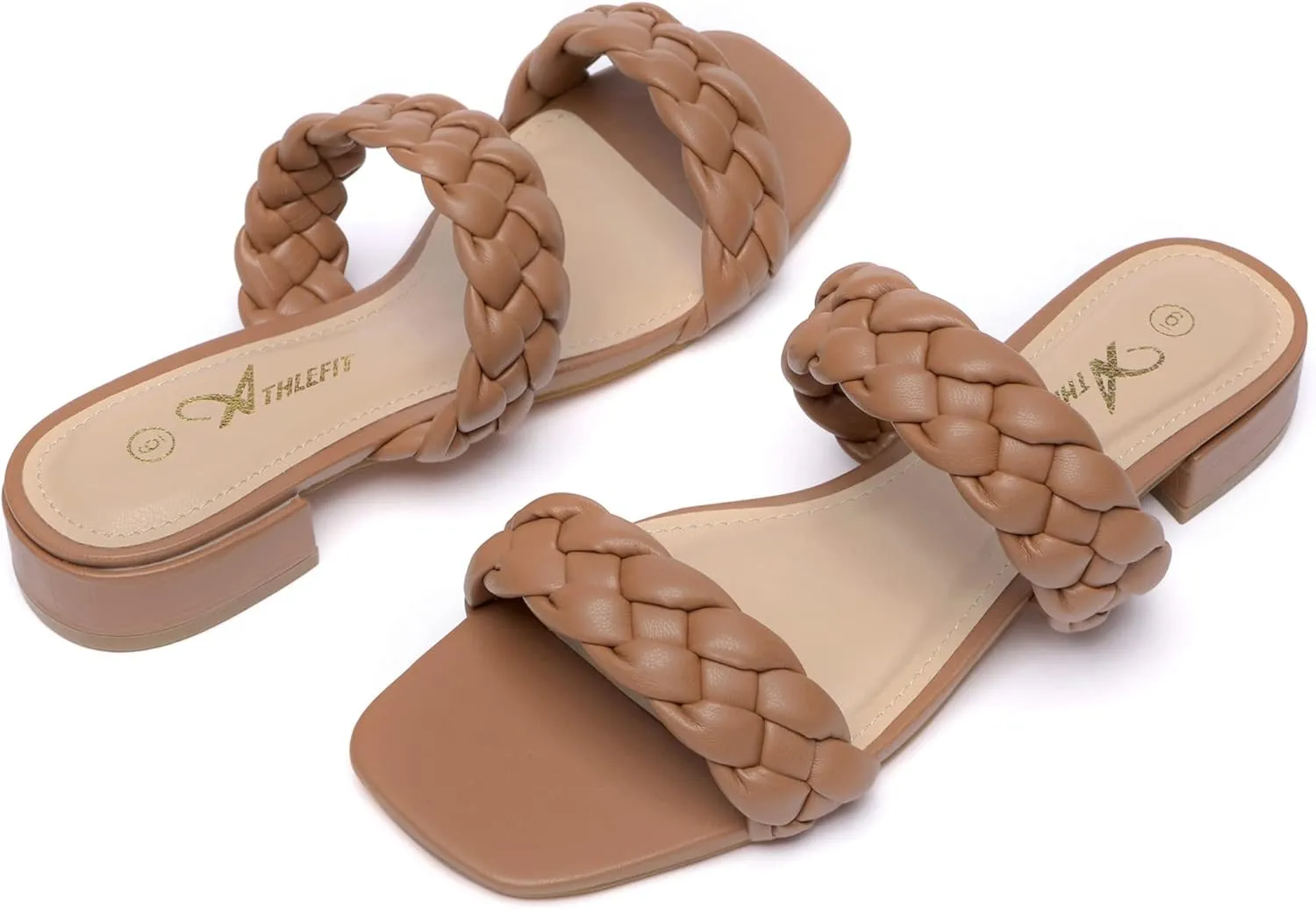 Athlefit Women's Square Open Toe Braided Sandals Slip On Low Block Heel Slide Sandals