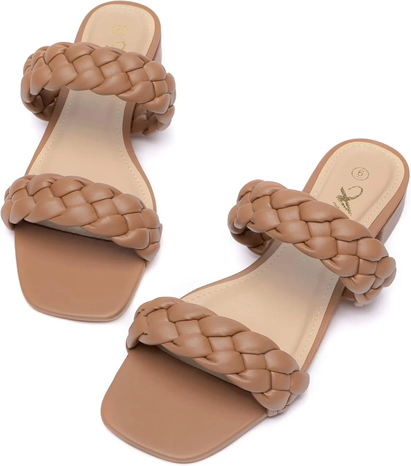 Athlefit Women's Square Open Toe Braided Sandals Slip On Low Block Heel Slide Sandals