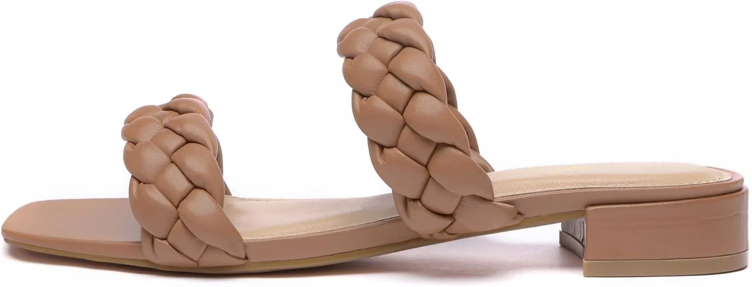 Athlefit Women's Square Open Toe Braided Sandals Slip On Low Block Heel Slide Sandals