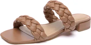 Athlefit Women's Square Open Toe Braided Sandals Slip On Low Block Heel Slide Sandals