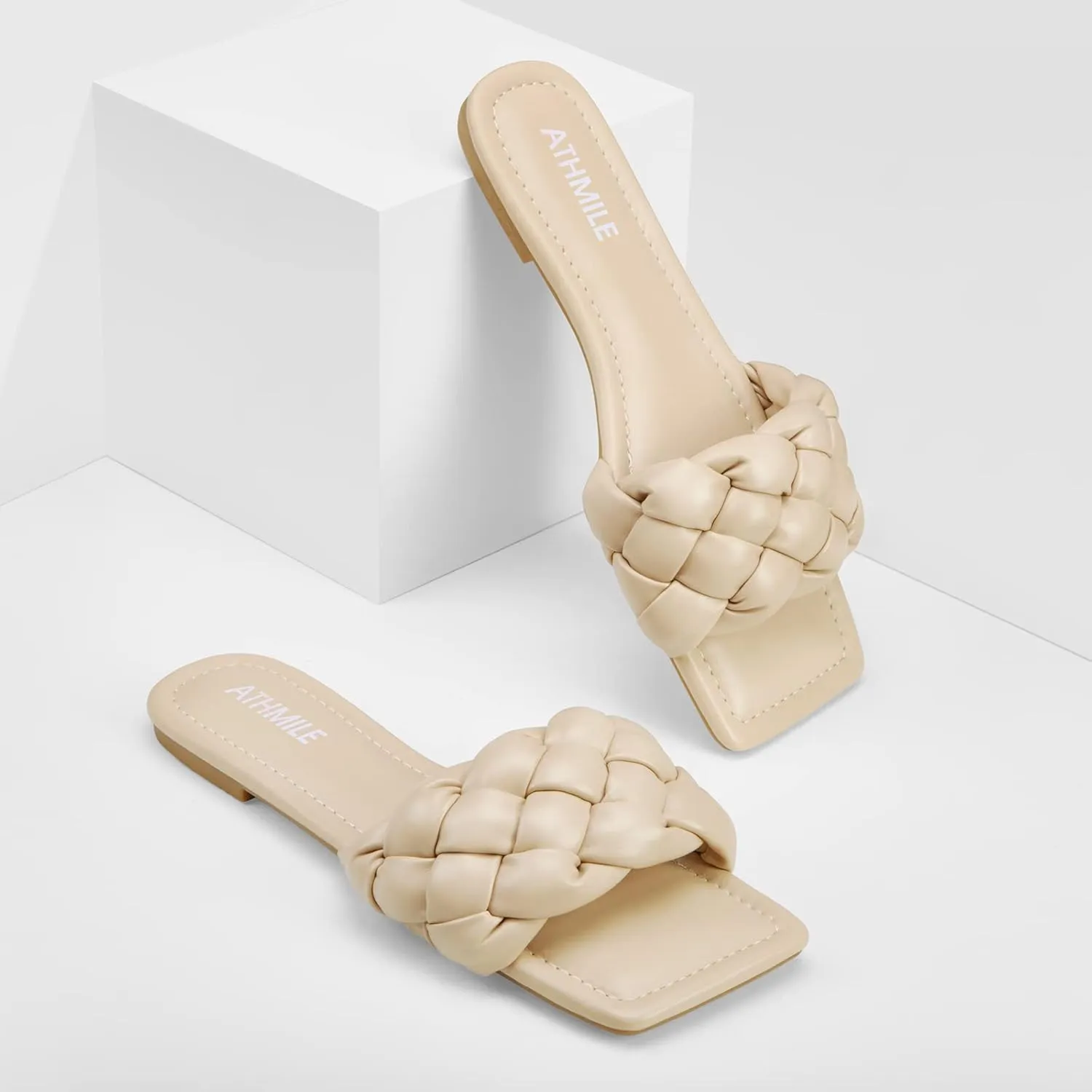 ATHMILE Braided Womens Sandals Square Open Toe Fashion Slide Sandals Women Dressy Summer Flat Beach 2025 Size 6-11