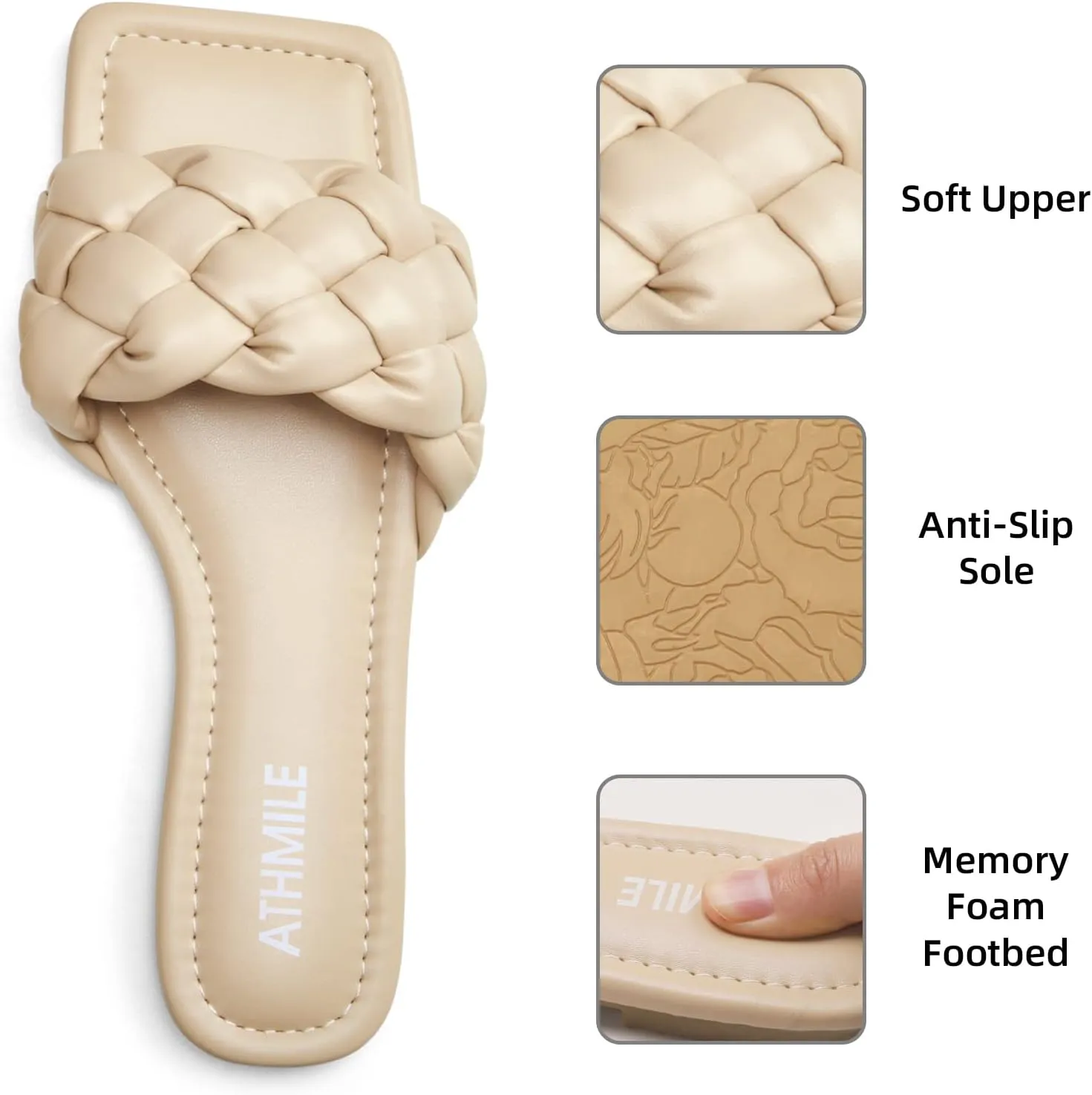 ATHMILE Braided Womens Sandals Square Open Toe Fashion Slide Sandals Women Dressy Summer Flat Beach 2025 Size 6-11