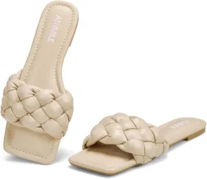 ATHMILE Braided Womens Sandals Square Open Toe Fashion Slide Sandals Women Dressy Summer Flat Beach 2025 Size 6-11
