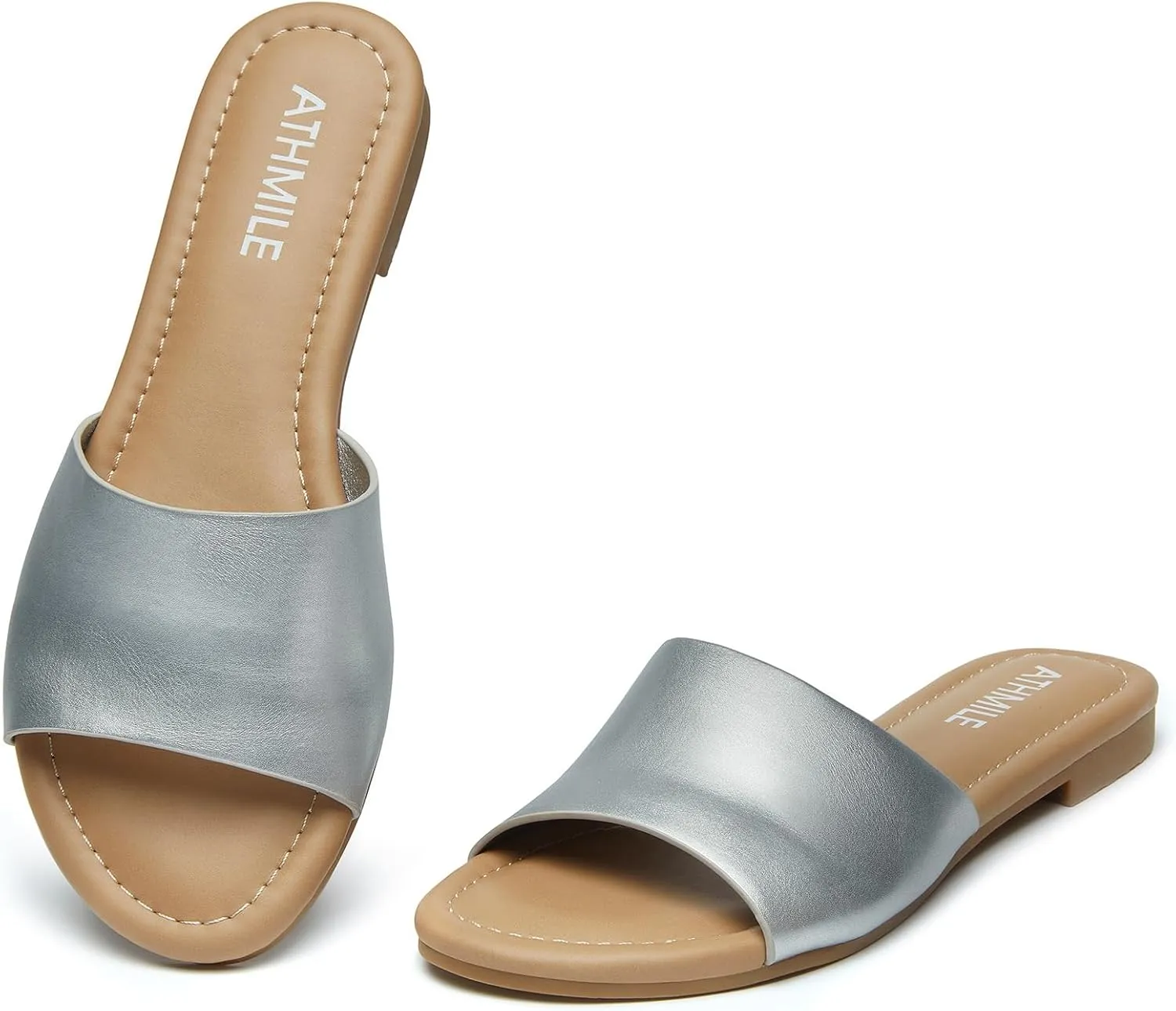 ATHMILE Sandals for Women 2025 One Band Womens Sandals Dressy Open Toe Flats Summer Slides for Casual Party Cute Beach