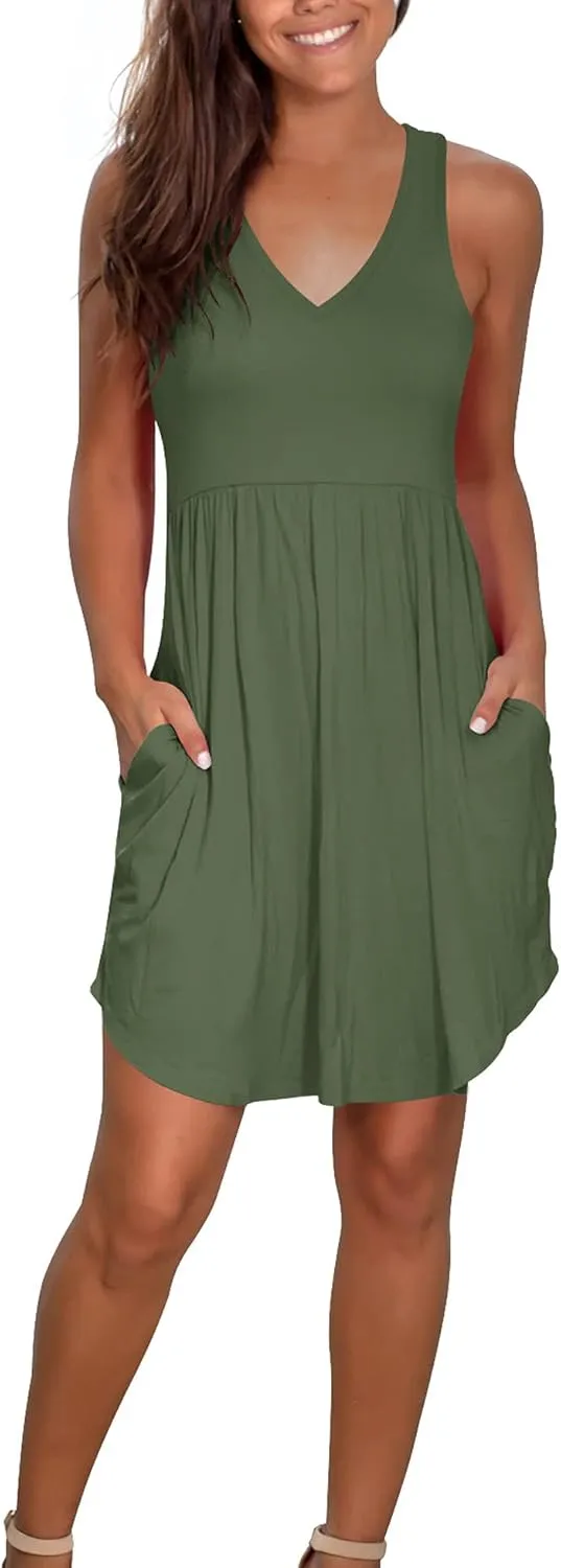 Atizon Casual Summer T Shirt Dress for Women V Neck Swing Elastic Tunic Short Sundress with Pockets