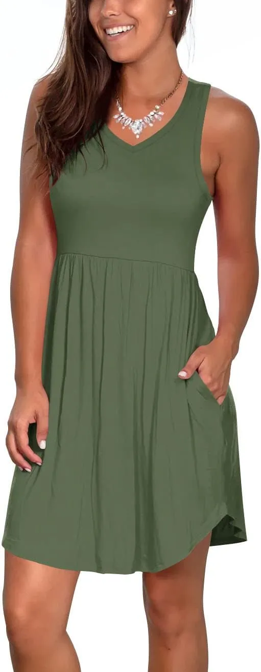 Atizon Casual Summer T Shirt Dress for Women V Neck Swing Elastic Tunic Short Sundress with Pockets
