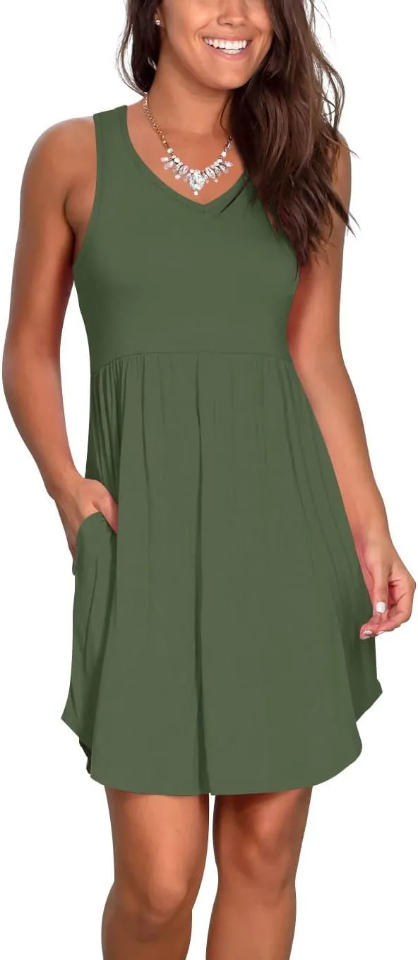 Atizon Casual Summer T Shirt Dress for Women V Neck Swing Elastic Tunic Short Sundress with Pockets
